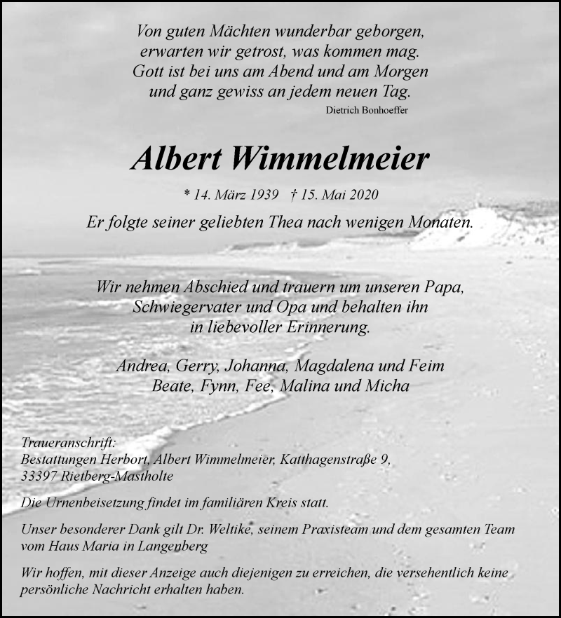  Traueranzeige für Albert Wimmelmeier vom 23.05.2020 aus Die Glocke
