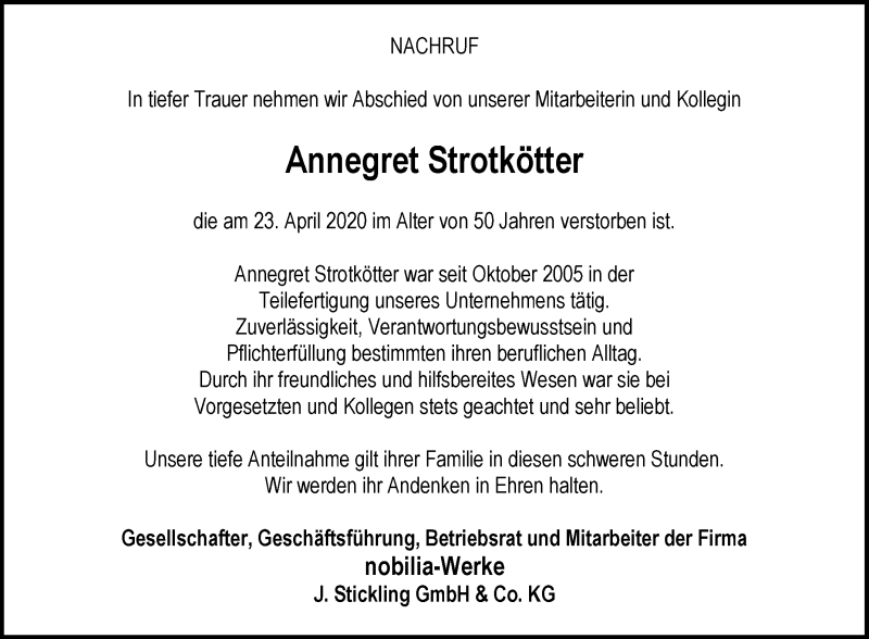  Traueranzeige für Annegret Strotkötter vom 08.05.2020 aus Die Glocke