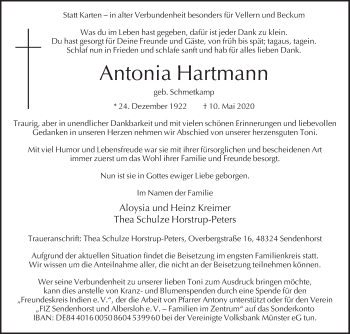 Traueranzeige von Antonia Hartmann von Die Glocke