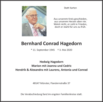 Traueranzeige von Bernhard Conrad Hagedorn von Die Glocke