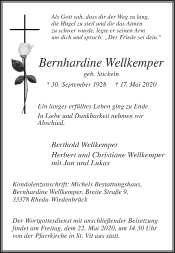 Traueranzeige von Bernhardine Wellkemper von Die Glocke