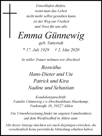 Traueranzeige von Emma Günnewig von Die Glocke