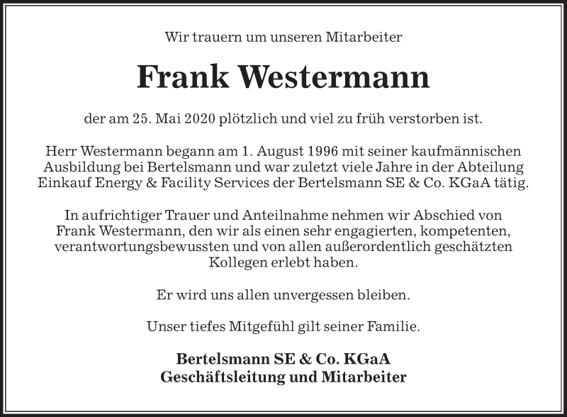  Traueranzeige für Frank Westermann vom 30.05.2020 aus Die Glocke
