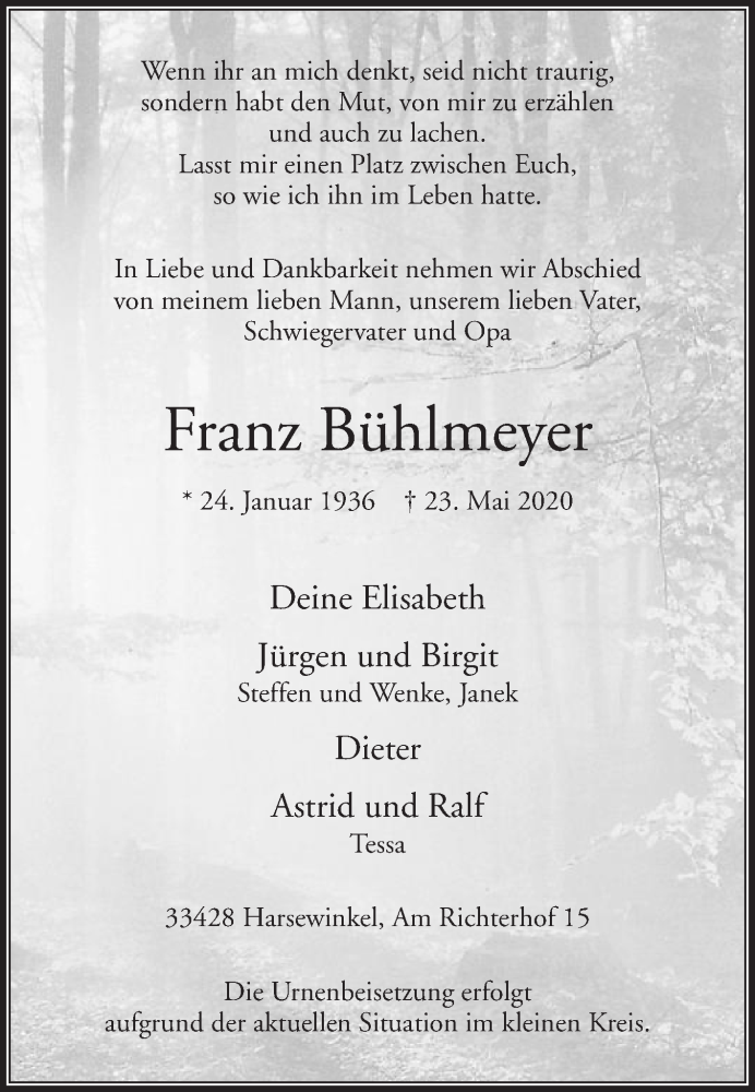  Traueranzeige für Franz Bühlmeyer vom 30.05.2020 aus Die Glocke