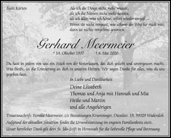 Traueranzeige von Gerhard Meermeier von Die Glocke