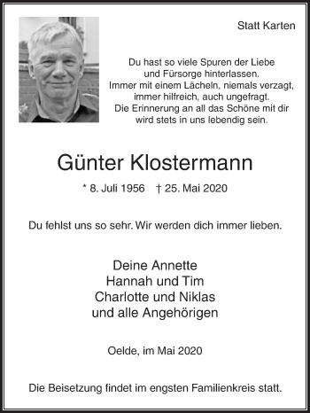 Traueranzeige von Günter Klostermann von Die Glocke