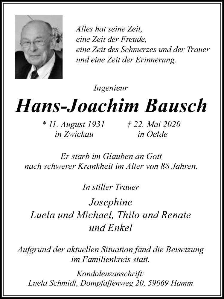  Traueranzeige für Hans-Joachim Bausch vom 30.05.2020 aus Die Glocke