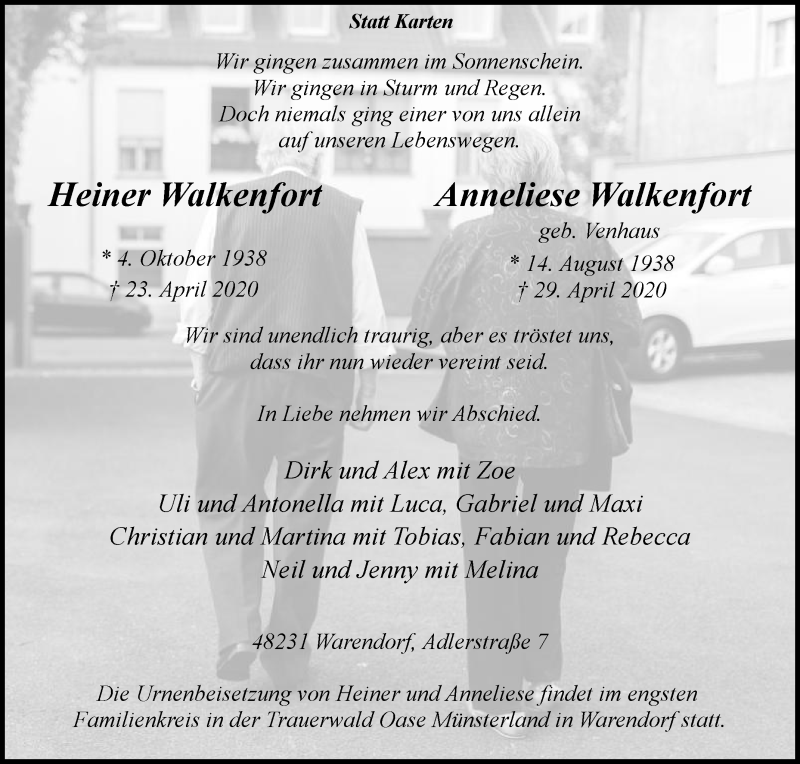 Traueranzeige für Heiner Walkenfort vom 01.05.2020 aus Die Glocke