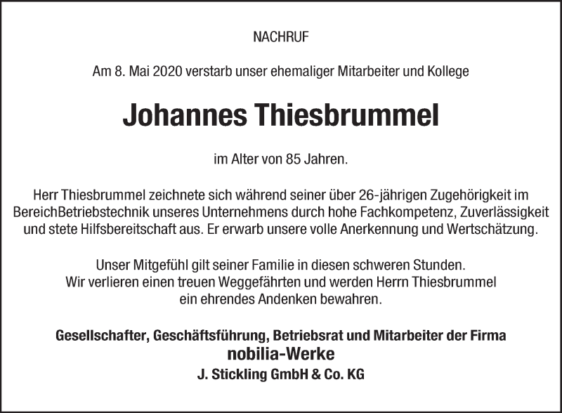  Traueranzeige für Johannes Thiesbrummel vom 18.05.2020 aus Die Glocke
