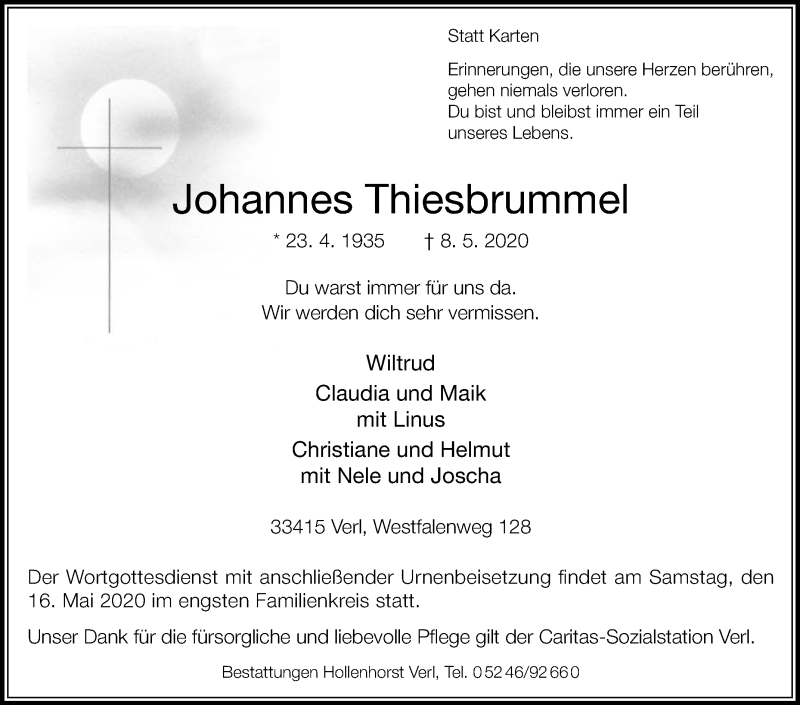  Traueranzeige für Johannes Thiesbrummel vom 09.05.2020 aus Die Glocke