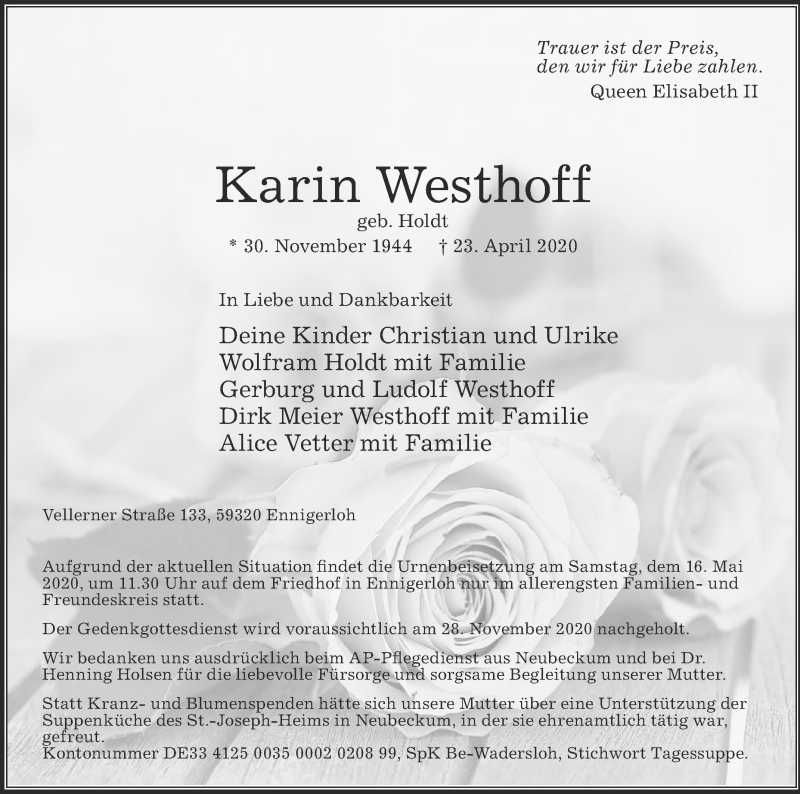  Traueranzeige für Karin Westhoff vom 01.05.2020 aus Die Glocke