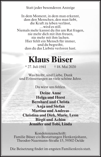 Traueranzeige von Klaus Büser von Die Glocke