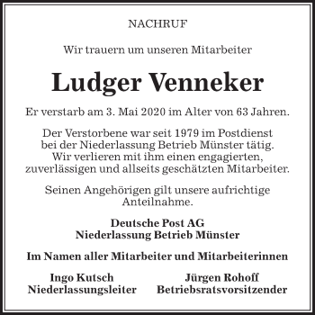 Traueranzeige von Ludger Venneker von Die Glocke