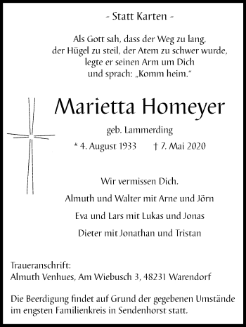 Traueranzeige von Marietta Homeyer von Die Glocke