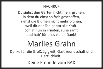 Traueranzeige von Marlies Grahn von Die Glocke