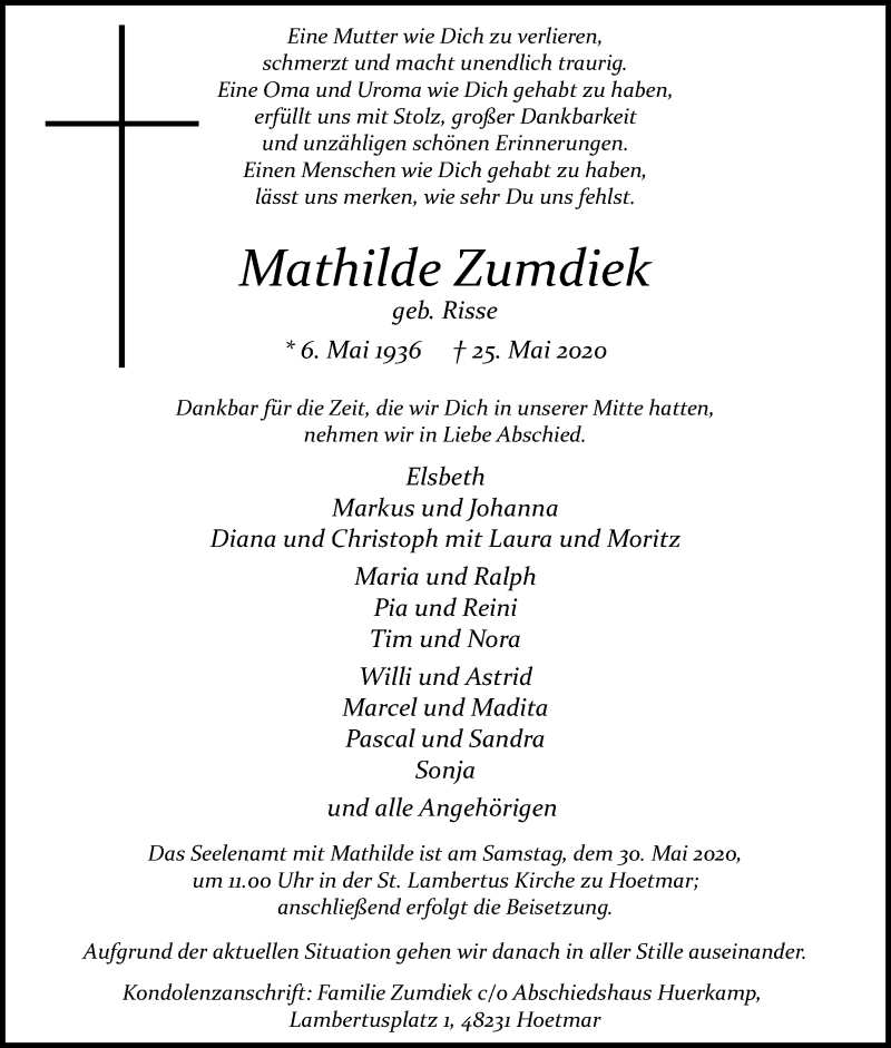  Traueranzeige für Mathilde Zumdiek vom 28.05.2020 aus Die Glocke
