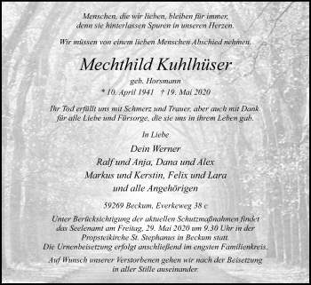 Traueranzeige von Mechthild Kuhlhüser von Die Glocke