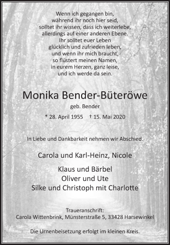 Traueranzeige von Monika Bender-Büteröwe von Die Glocke