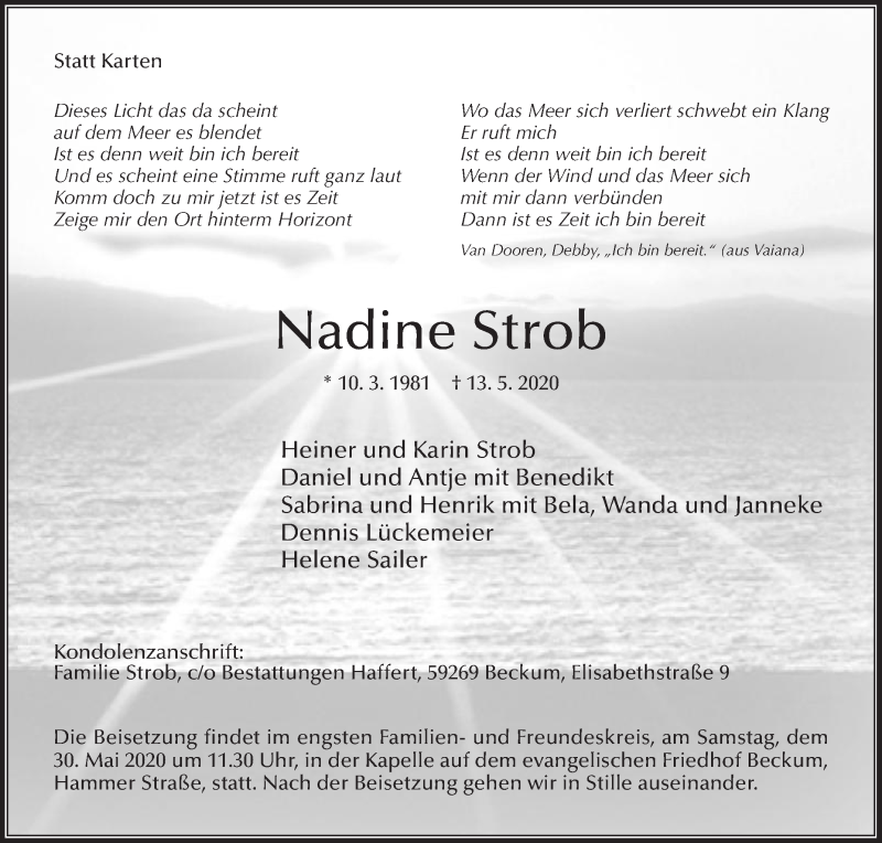  Traueranzeige für Nadine Strob vom 29.05.2020 aus Die Glocke