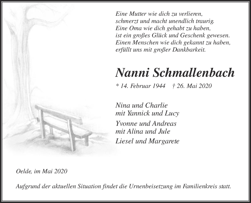  Traueranzeige für Nanni Schmallenbach vom 30.05.2020 aus Die Glocke