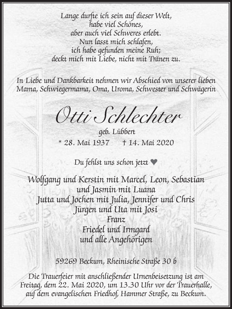  Traueranzeige für Otti Schlechter vom 19.05.2020 aus Die Glocke