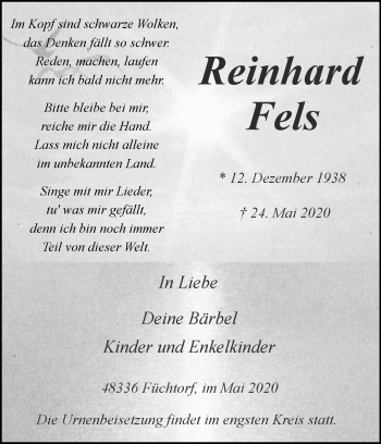 Traueranzeige von Reinhard Fels von Die Glocke