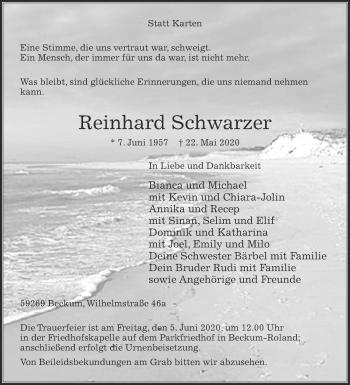 Traueranzeige von Reinhard Schwarzer von Die Glocke