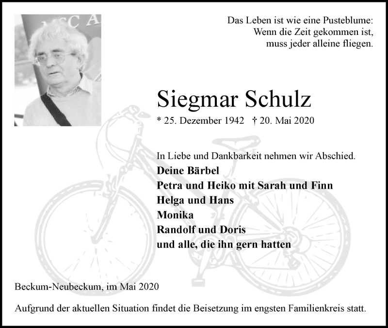  Traueranzeige für Siegmar Schulz vom 27.05.2020 aus Die Glocke