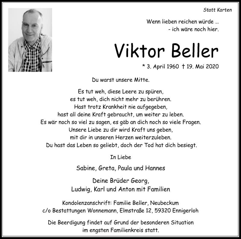  Traueranzeige für Viktor Beller vom 23.05.2020 aus Die Glocke
