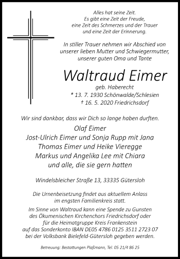 Traueranzeige von Waltraud Eimer von Die Glocke