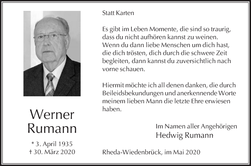  Traueranzeige für Werner Rumann vom 09.05.2020 aus Die Glocke