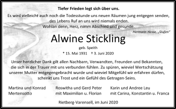 Traueranzeige von Alwine Stickling von Die Glocke