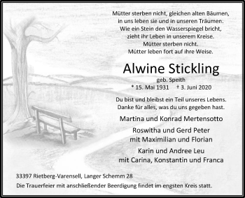Traueranzeige von Alwine Stickling von Die Glocke