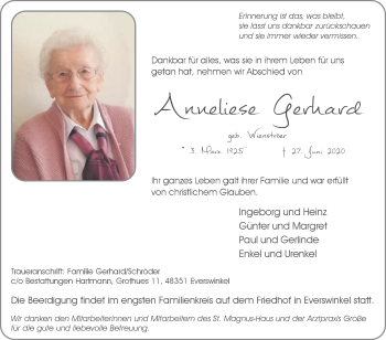 Traueranzeige von Anneliese Gerhard von Die Glocke