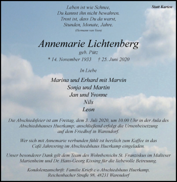 Traueranzeige von Annemarie Lichtenberg von Die Glocke