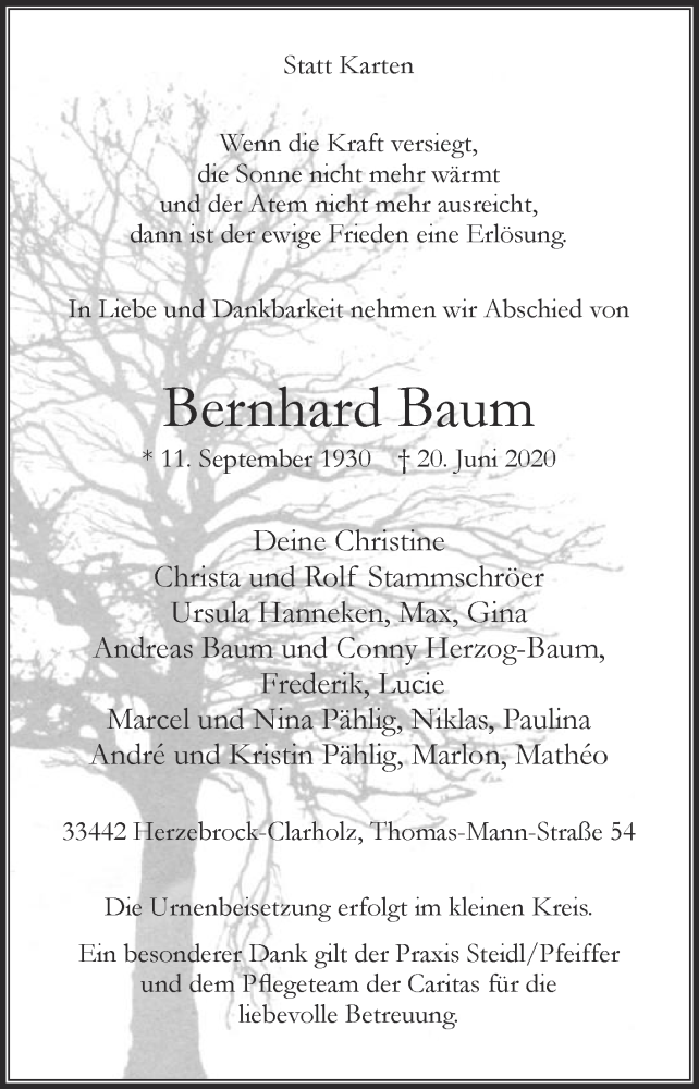 Traueranzeigen Von Bernhard Baum Trauer Die Glocke De