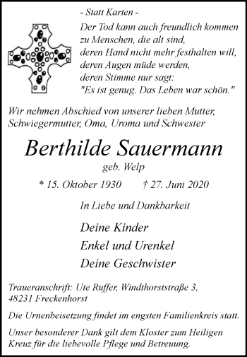 Traueranzeige von Berthilde Sauermann von Die Glocke