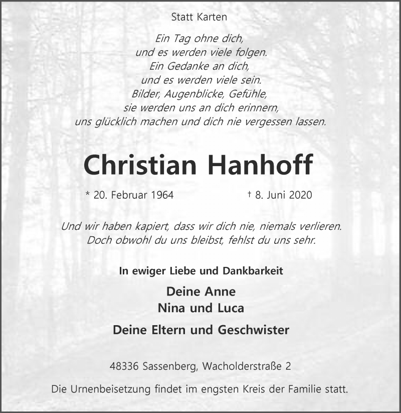  Traueranzeige für Christian Hanhoff vom 13.06.2020 aus Die Glocke