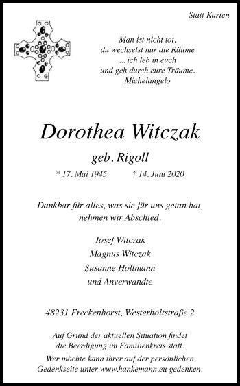 Traueranzeige von Dorothea Witczak von Die Glocke