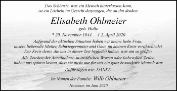 Traueranzeige von Elisabeth Ohlmeier von Die Glocke