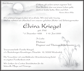 Traueranzeige von Elvira Kriegel von Die Glocke