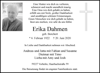 Traueranzeige von Erika Dahmen von Die Glocke