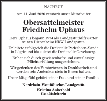Traueranzeige von Friedhelm Uphaus von Die Glocke