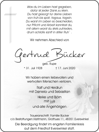 Traueranzeige von Gertrud Bücker von Die Glocke