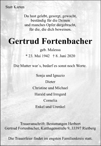 Traueranzeige von Gertrud Fortenbacher von Die Glocke