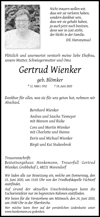 Traueranzeige von Gertrud Wienker von Die Glocke