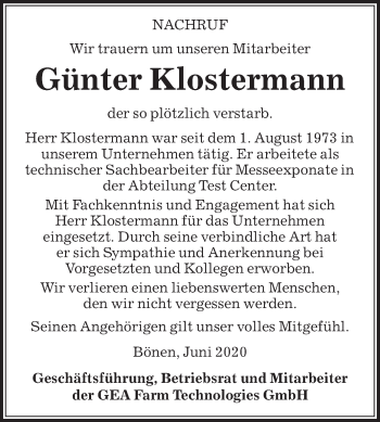 Traueranzeige von Günter Klostermann von Die Glocke