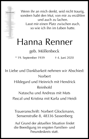 Traueranzeige von Hanna Renner von Die Glocke