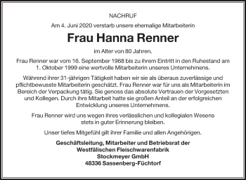 Traueranzeige von Hanna Renner von Die Glocke