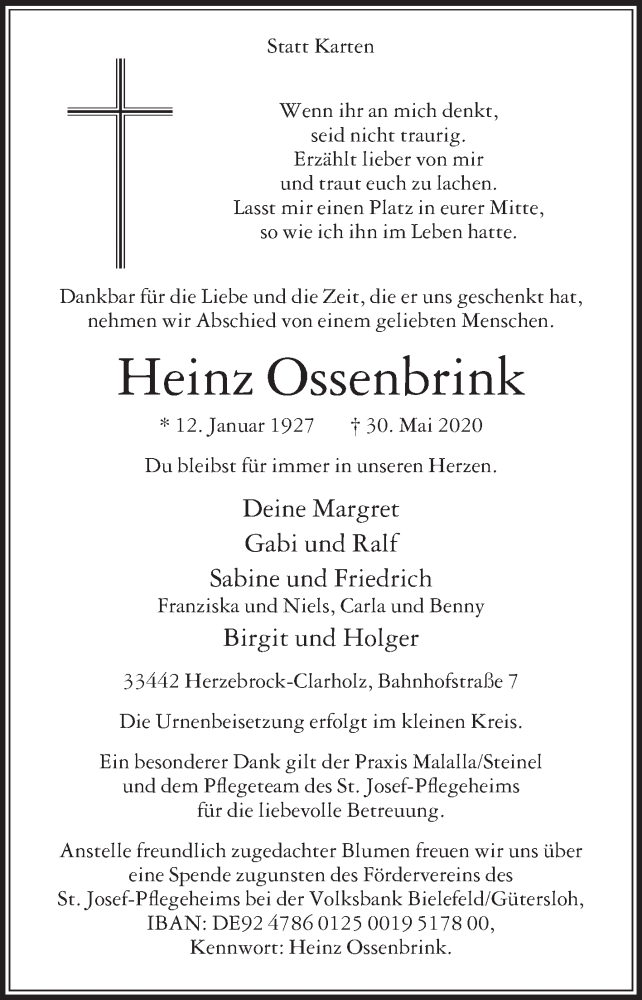  Traueranzeige für Heinz Ossenbrink vom 04.06.2020 aus Die Glocke